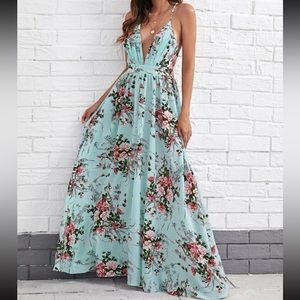 Boho Criss Cross Backless Open Back Floral Print Long Maxi Dress